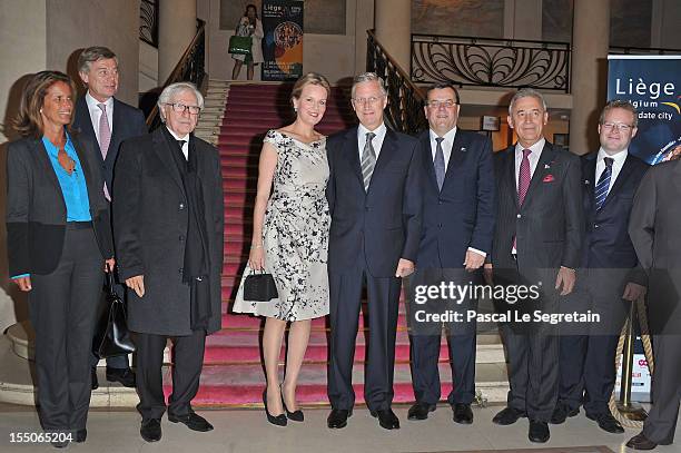 Guest, Pierre Shapira , Princess Mathilde and Prince Philippe of Belgium, Willy Demeyer, Michel Foret and Philippe Henry pose after arriving at...