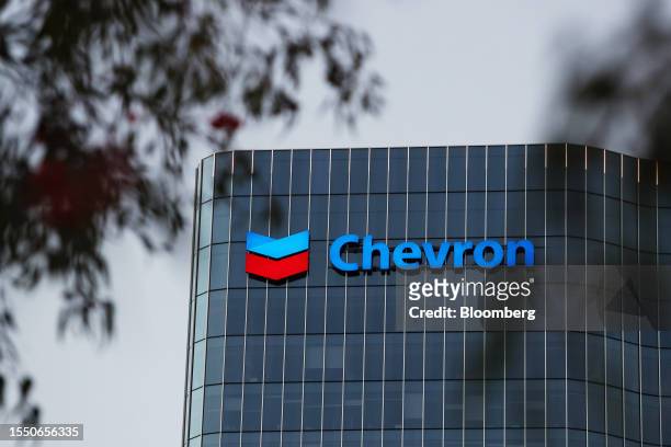 The Chevron Corp. Logo at the company's offices in Perth, Australia, on Saturday, July 22, 2023. Australia is scheduled to release second-quarter...