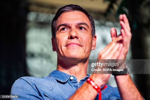 Pedro Sanchez, Spanish prime minister and secretary of the PSOE party, celebrates the good results achieved on the election night of 23 July 2023 in...