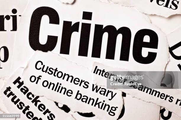 newspaper headlines on crime, especially computer-related scames and hacking - newspaper cutting stock pictures, royalty-free photos & images