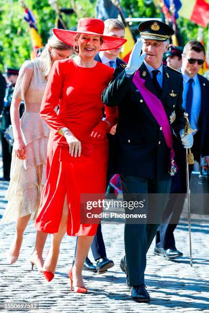 Queen Mathilde of Belgium, King Philippe of Belgium pictured during the military parade for the Belgian National Day on July 21, 2023 in Brussels,...