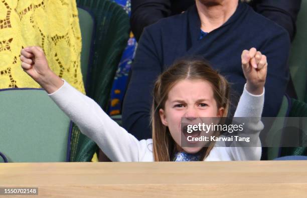 Princess Charlotte of Wales watches Carlos Alcaraz vs Novak Djokovic in the Wimbledon 2023 men's final on Centre Court during day fourteen of the...