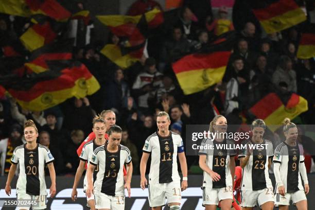 Germany's players celebrates after Morocco's defender Hanane Ait El Haj scored an own goal during the Australia and New Zealand 2023 Women's World...