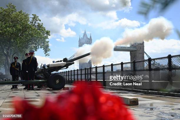 Members of the Honourable Artillery Company fire a 62-gun Royal Salute to mark Queen Camilla's birthday, on Tower Wharf on July 17, 2023 in London,...