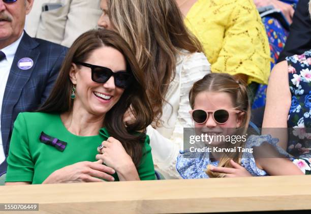 Catherine, Princess of Wales and Princess Charlotte of Wales watch Carlos Alcaraz vs Novak Djokovic in the Wimbledon 2023 men's final on Centre Court...