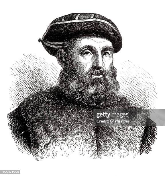 stockillustraties, clipart, cartoons en iconen met engraving of explorer ferdinand magellan from 1873 - ferdinand-magellan