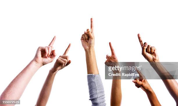 up there! six mixed hands all pointing upwards - human arm stock pictures, royalty-free photos & images