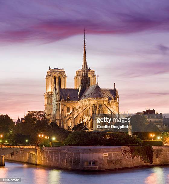 la catedral de notre dame en parís francia por la noche - notre dame de paris fotografías e imágenes de stock