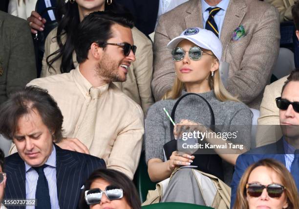 Jonathan Bailey and Ariana Grande watch Carlos Alcaraz vs Novak Djokovic in the Wimbledon 2023 men's final on Centre Court during day fourteen of the...