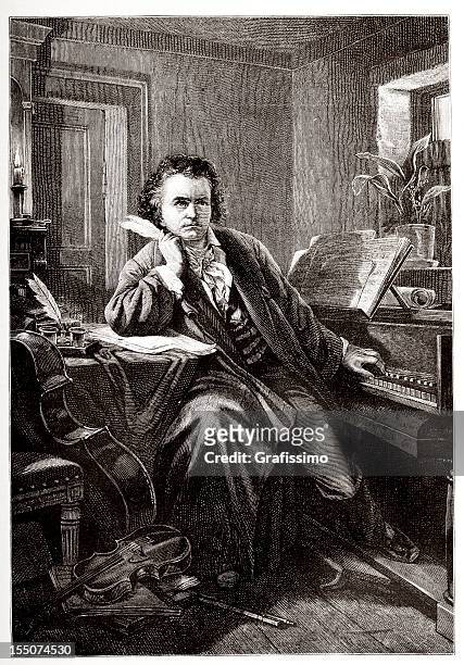 engraving of composer ludwig van beethoven from 1882 - beethoven stock illustrations
