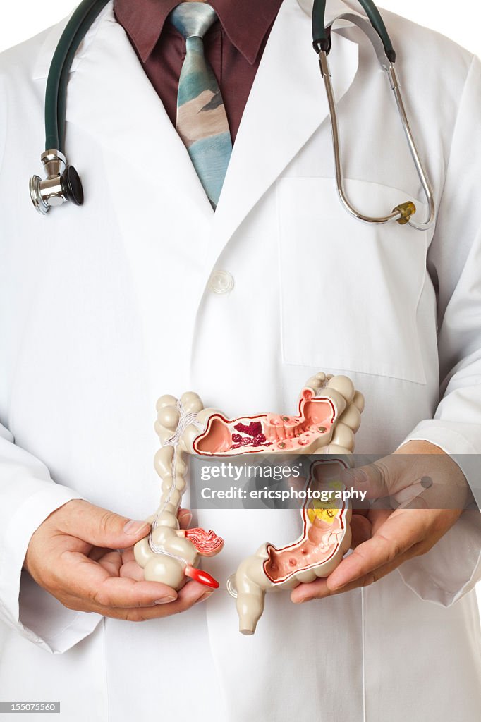 Man in white coat with stethoscope holding model of colon