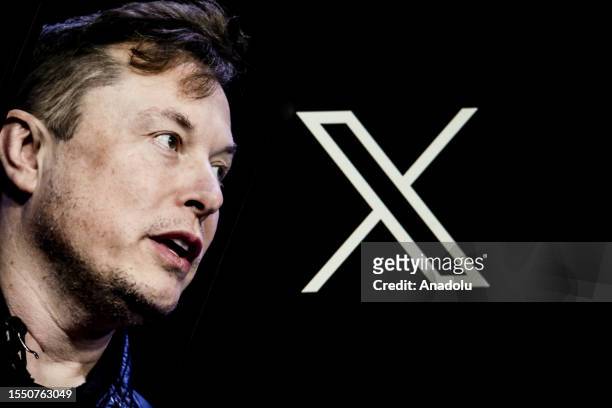 In this photo illustration, Elon Musk's photo is displayed on a phone screen in front of a computer screen displaying the new logo of 'Twitter' in...