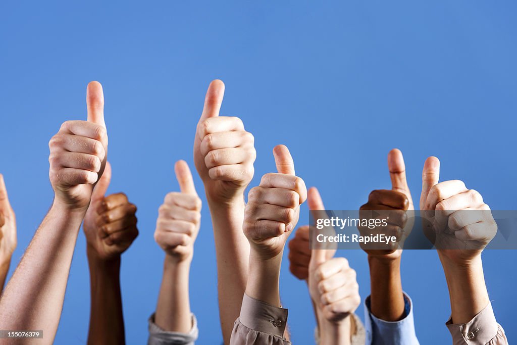 Many multiracial hands give group thumbs up of approval