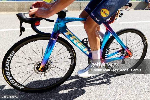Close-up view of Trek bicycle of Mads Pedersen from Denmark and Team Lidl - Trek rides during stage fifteen of the 110th Tour de France 2023 a 179km...