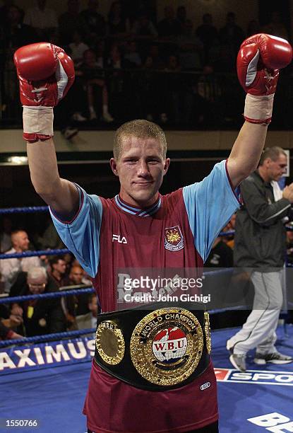 Kevin Lear of Canning Town celebrates his win after the WBU Super-Featherweight Championship of the World Fight between Kevin Lear and Kirkov...