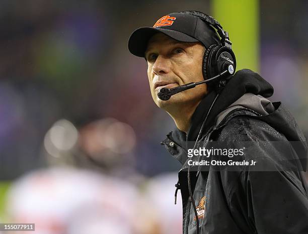 Head coach Mike Riley of the Oregon State Beavers looks on during the game against the Washington Huskies on October 27, 2012 at CenturyLink Field in...