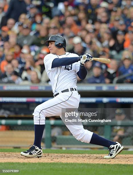 Avisail Garcia of the Detroit Tigers bats during Game Two of the American League Division Series against the Oakland Athletics at Comerica Park on...