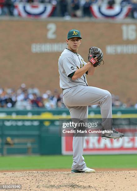 Tommy Milone of the Oakland Athletics pitches during Game Two of the American League Division Series against the Detroit Tigers at Comerica Park on...