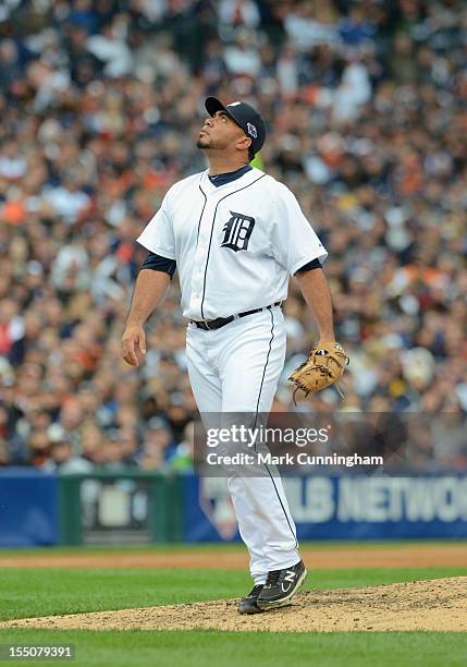 Joaquin Benoit of the Detroit Tigers looks on during Game Two of the American League Division Series against the Oakland Athletics at Comerica Park...