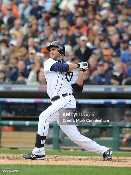 Omar Infante of the Detroit Tigers bats during Game Two of the American League Division Series against the Oakland Athletics at Comerica Park on...