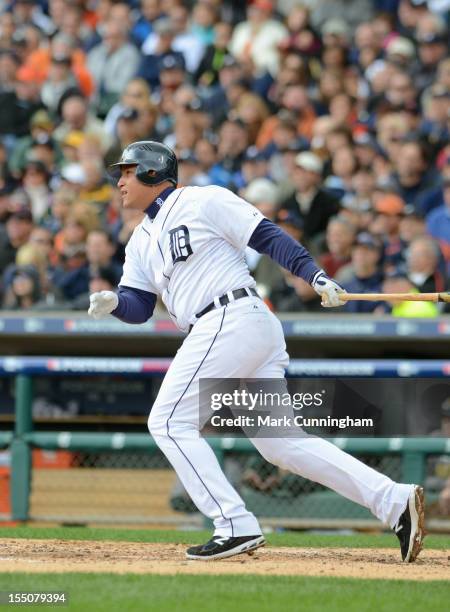 Miguel Cabrera of the Detroit Tigers bats during Game Two of the American League Division Series against the Oakland Athletics at Comerica Park on...