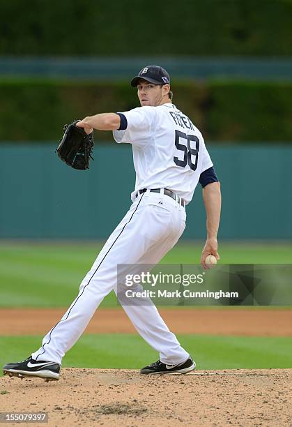 Doug Fister of the Detroit Tigers pitches during Game Two of the American League Division Series against the Oakland Athletics at Comerica Park on...