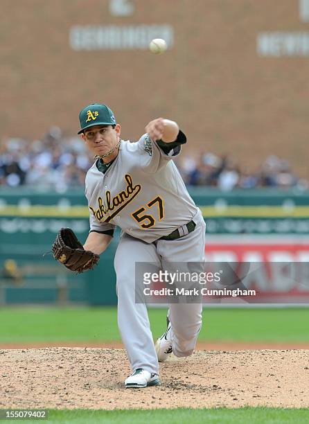 Tommy Milone of the Oakland Athletics pitches during Game Two of the American League Division Series against the Detroit Tigers at Comerica Park on...