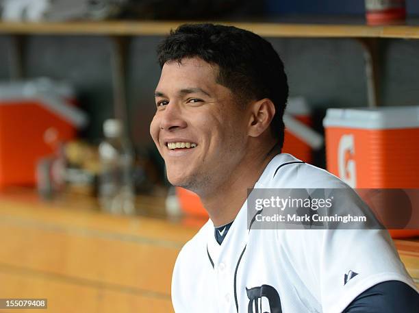 Avisail Garcia of the Detroit Tigers looks on and smiles during Game Two of the American League Division Series against the Oakland Athletics at...