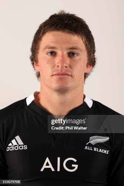 Beauden Barrett of the All Blacks poses during a New Zealand All Blacks headshot session at the Heritage Hotel on November 1, 2012 in Auckland, New...