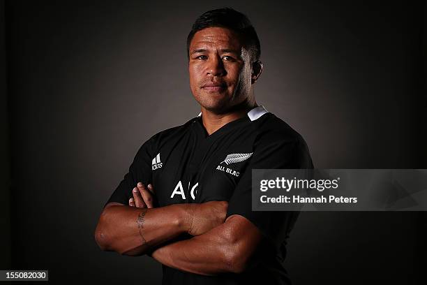 Keven Mealamu poses during a New Zealand All Blacks portrait session at the Heritage Hotel on November 1, 2012 in Auckland, New Zealand.