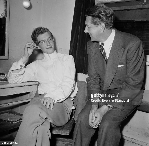 British actors Corin Redgrave and Michael Redgrave backstage at the Lyric Theatre in London, July 6th 1959. Corin is playing the role of Duke...