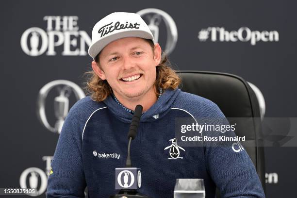 Cameron Smith of Australia speaks during a press conference prior to The 151st Open at Royal Liverpool Golf Club on July 17, 2023 in Hoylake, England.