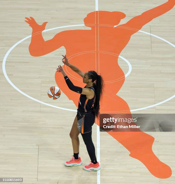 Ja Wilson of Team Wilson brings the ball up the court against Team Stewart in the second half of the 2023 WNBA All-Star Game at Michelob ULTRA Arena...