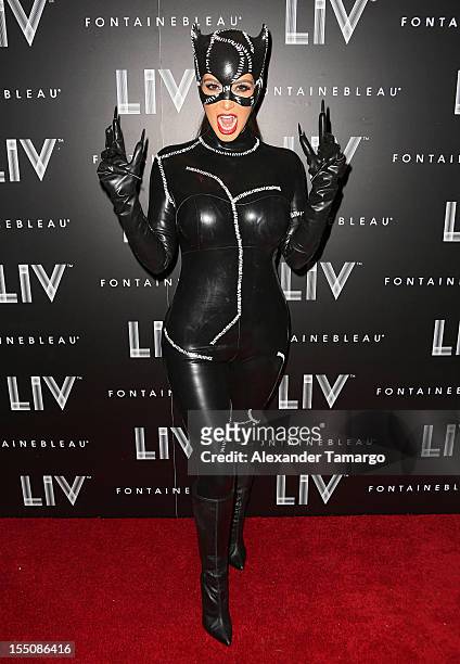 Kim Kardashian arrives at Kim Kardashian's Halloween party at LIV nightclub at Fontainebleau Miami on October 31, 2012 in Miami Beach, Florida.