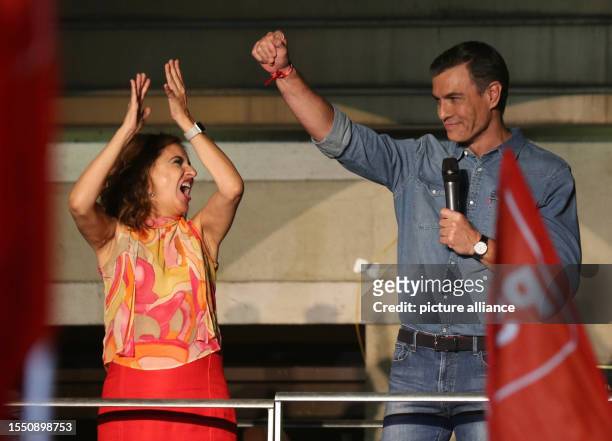 July 2023, Spain, Madrid: Pedro Sanchez, leader of the Socialist Workers' Party and current Spanish prime minister, greets his supporters outside...