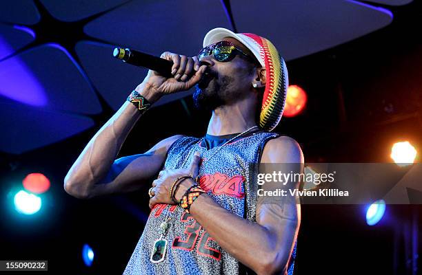 Snoop Lion performs at Los Angeles Clipper Matt Barnes' "Welcome Back To LA" Post-Game Halloween Party at The Conga Room at L.A. Live on October 31,...