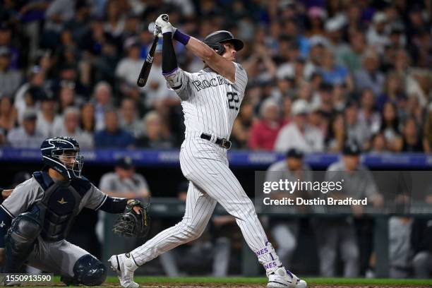 Nolan Jones of the Colorado Rockies hits an eighth inning solo home run in a game against the New York Yankees at Coors Field on July 14, 2023 in...