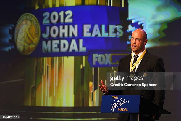 Wallabies captain Nathan Sharpe accepts the award 'The John Eales Medal' during the John Eales Medal at the Sydney Convention and Exhibition Centre...