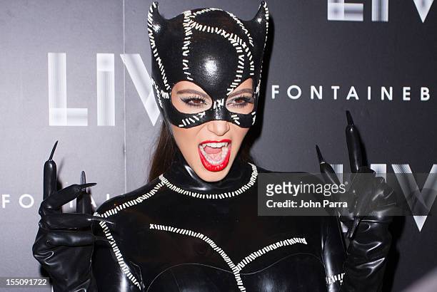 Kim Kardashian arrives at Kim Kardashian's Halloween party at LIV nightclub at Fontainebleau Miami on October 31, 2012 in Miami Beach, Florida.
