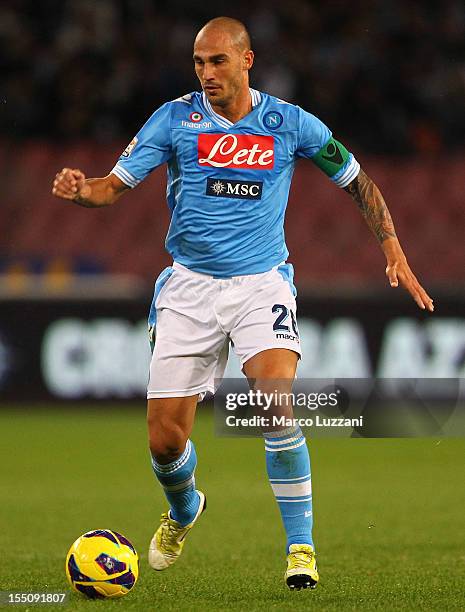 Paolo Cannavaro of SSC Napoli in action during the Serie A match between SSC Napoli and AC Chievo Verona at Stadio San Paolo on October 28, 2012 in...