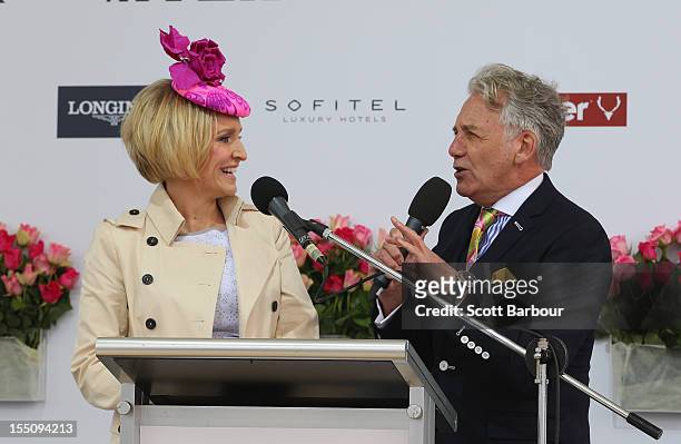 Fifi Box, Channel Seven presenter and Jeff Banks, Myer Designer speak during the 2012 Melbourne Cup Carnival Myer Fashions On The Field Enclosure...