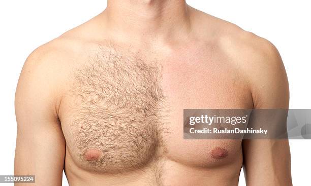 before & after waxing treatment - chest torso stockfoto's en -beelden