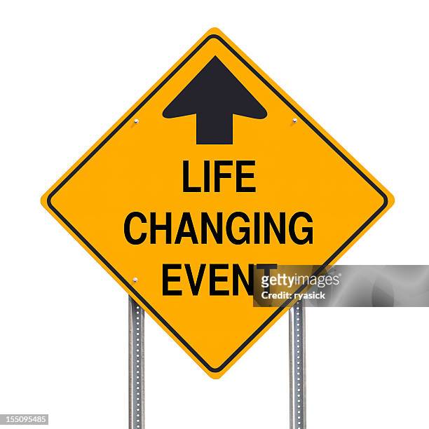 life changing event ahead road sign isolated on white - warning sign white background stock pictures, royalty-free photos & images