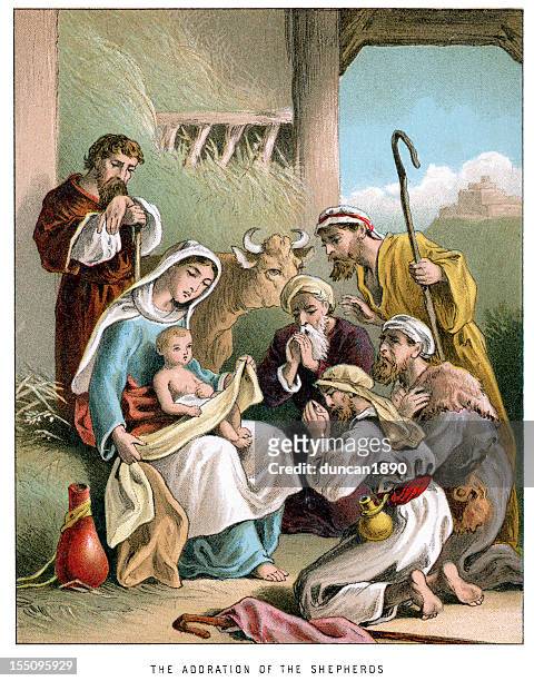 nativity anbetung des shepherds - religiöse darstellung stock-grafiken, -clipart, -cartoons und -symbole