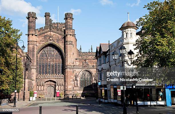 chester cathedral entrance from st. werburgh's street - cheshire england stock pictures, royalty-free photos & images