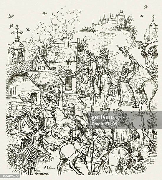 stockillustraties, clipart, cartoons en iconen met lootings during the hussite wars (1419-1434/39), wood engraving, published 1880 - hus