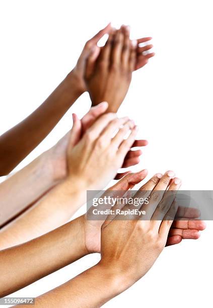 aplausos como tres mujeres manos clap entusiasmo contra blanco - applauding fotografías e imágenes de stock