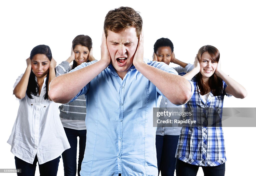 Five people with hands over their ears grimace at noise
