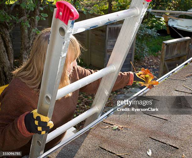 autumn gutter or eavestrough cleaning senior woman. - dakgoot stockfoto's en -beelden