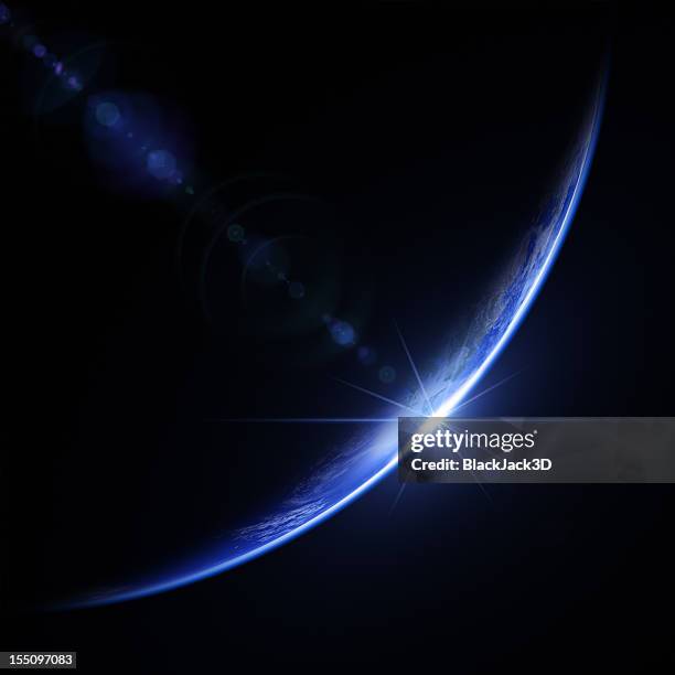 an image of the sun rising from space - earth horizon stock pictures, royalty-free photos & images